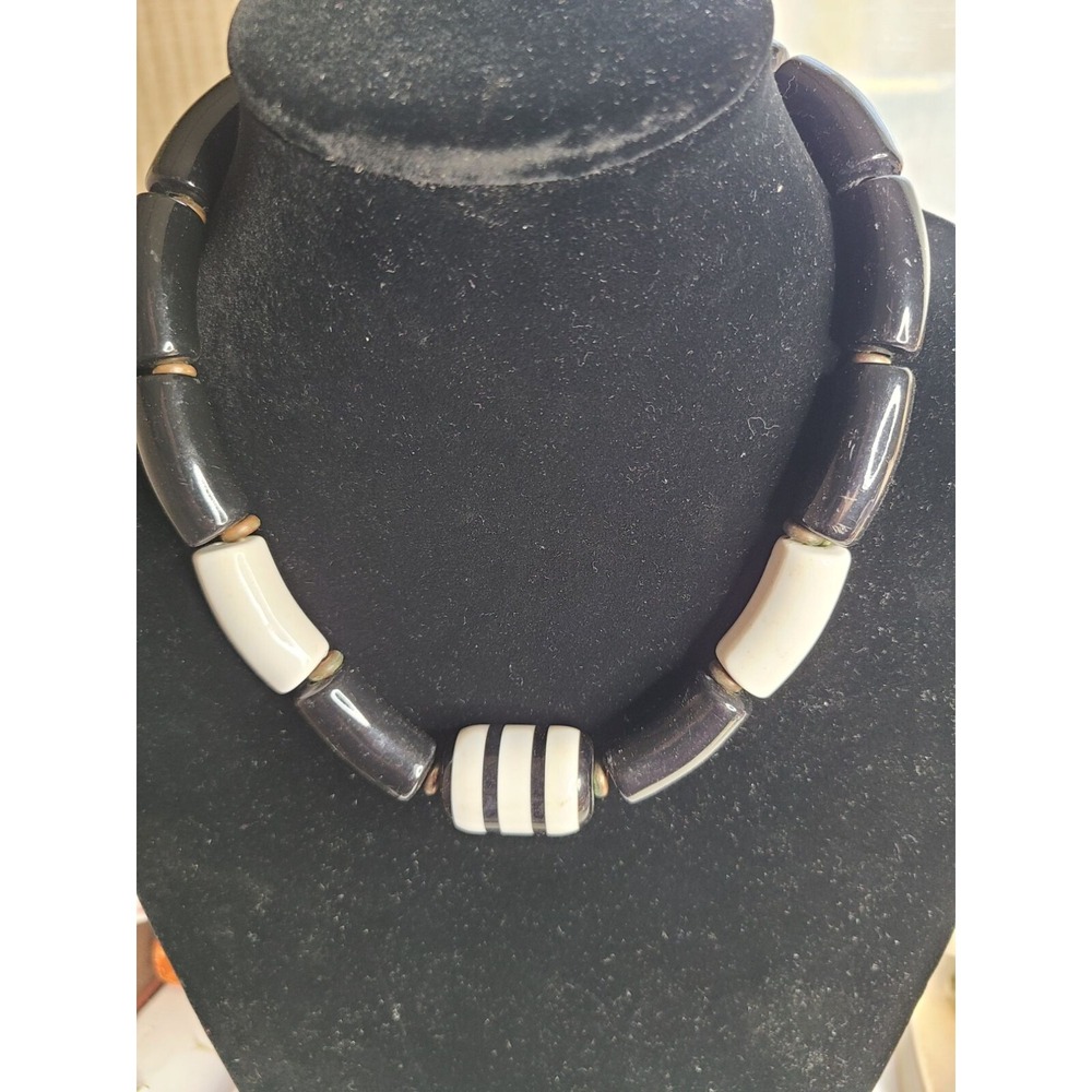 Vintage Black & White Beaded Necklace With Striped Focal Bead